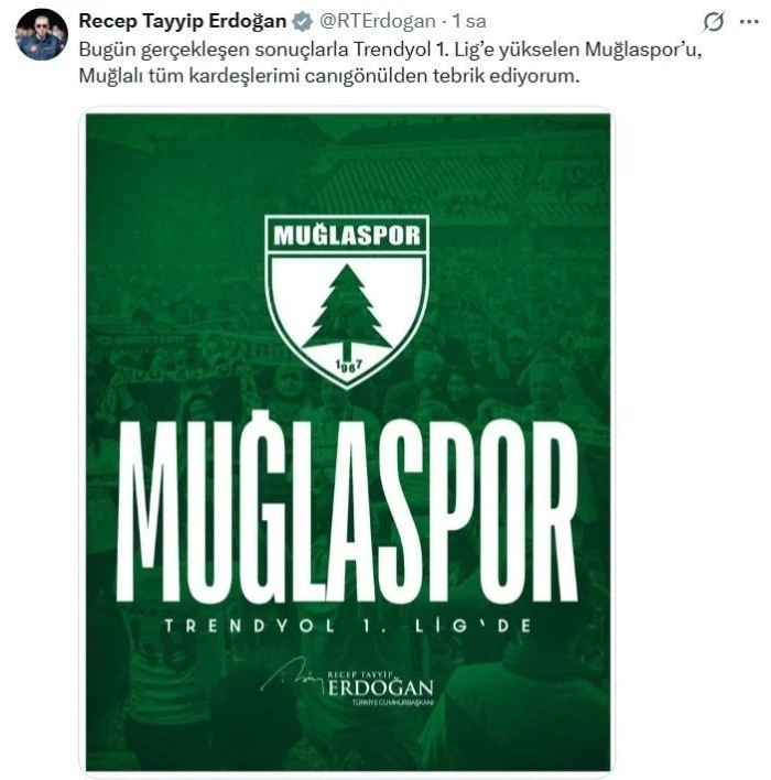 Cumhurbaşkanı Erdoğan'dan Trendyol 1. Lig'e y&uuml;kselen Muğlaspor'a tebrik